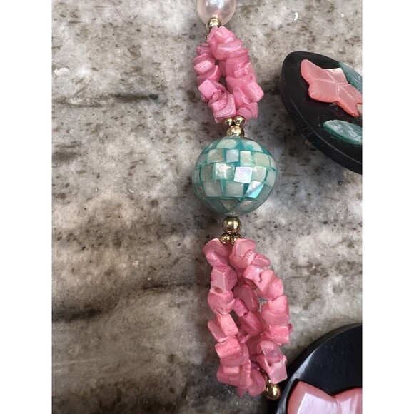 Vintage Lee Sands Flowers Necklace And Earrings Set Clip On Pink Green Black - Picture 3 of 9